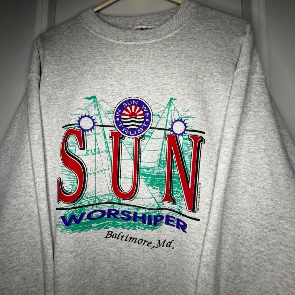 Vintage 90's Sun Worshipper‎ Sail Boat Graphic Grey Crewneck Sweatshirt Mens XL